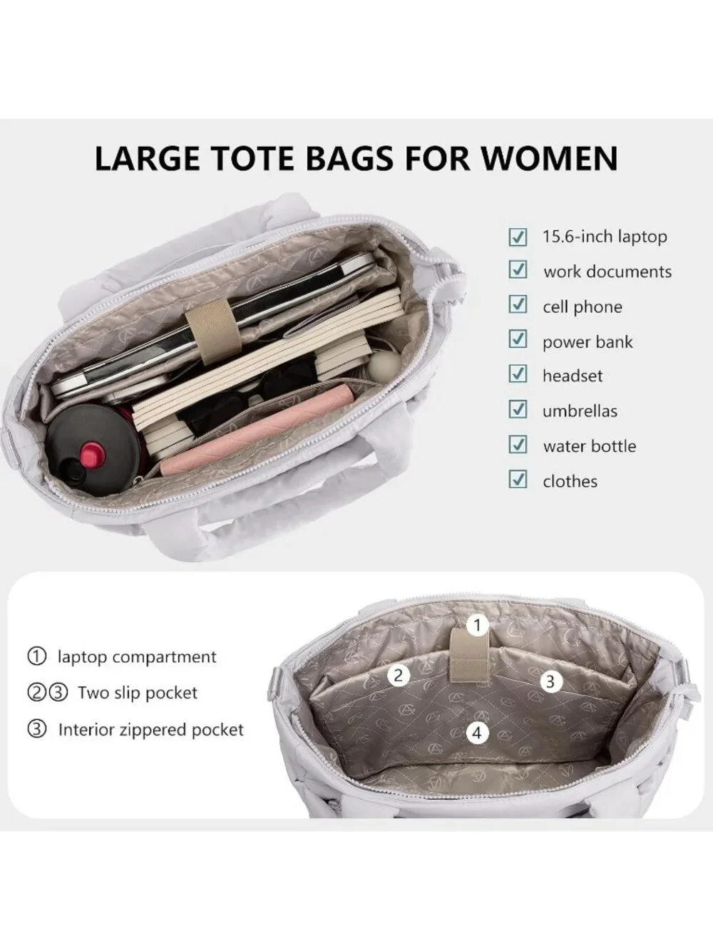 👜Women's Light Gray Quilted Puffer Tote Bag Lightweight Work For Travel Handbag